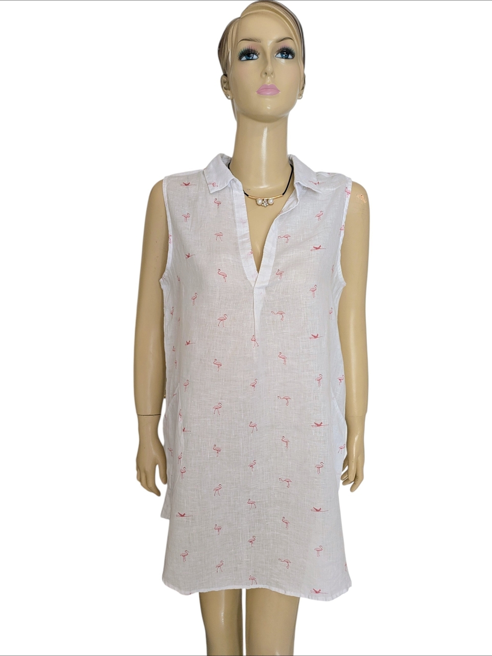 For Cynthia White Linen Tunic with Pink Flamingo Print